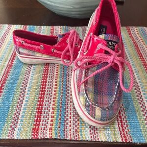 Sperry Top Slider Youth Girls Sz 2 Pink Sparkle Blue Plaid